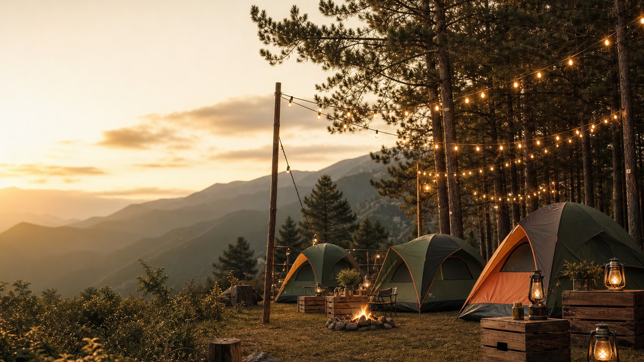 Barracas de camping coloridas em um quintal ensolarado